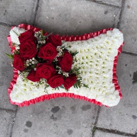 Red, white, based, pillow, Funeral, sympathy, wreath, tribute, flowers, florist, gravesend, Northfleet, Kent, london