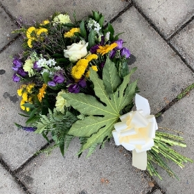 Purple, yellow, white, tied, sheaf, Funeral, sympathy, wreath, tribute, flowers, florist, gravesend, Northfleet, Kent, london