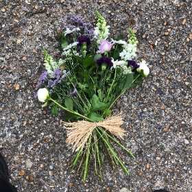 Purple, white, tied, sheaf, simple, Funeral, sympathy, wreath, tribute, flowers, florist, gravesend, Northfleet, Kent, london