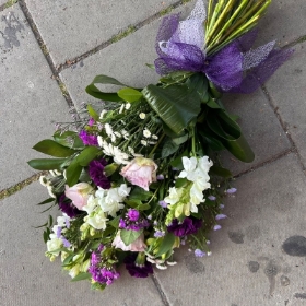 Purple, white, tied, sheaf, simple, Funeral, sympathy, wreath, tribute, flowers, florist, gravesend, Northfleet, Kent, london