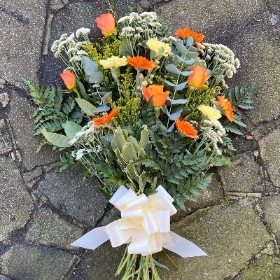 Yellow, orange, white, tied, sheaf, Funeral, sympathy, wreath, tribute, flowers, florist, gravesend, Northfleet, Kent, london