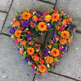 Bright, vibrant, orange, purple, open, heart, Funeral, sympathy, wreath, tribute, flowers, florist, gravesend, Northfleet, Kent, london