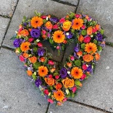 Bright, vibrant, orange, purple, open, heart, Funeral, sympathy, wreath, tribute, flowers, florist, gravesend, Northfleet, Kent, london