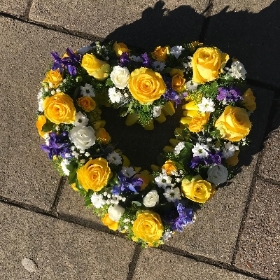 Purple, yellow, white, heart, Funeral, sympathy, wreath, tribute, flowers, florist, gravesend, Northfleet, Kent, london