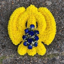 Yellow, white, blue, khanda, Sikh, guru, Nanak, gurdwara, funeral, flowers, wreath, tribute, florist, gravesend, northfleet, kent, london