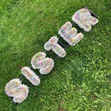 Rainbow, gypsophila, letters, word, pretty, Funeral, sympathy, wreath, tribute, flowers, florist, gravesend, Northfleet, Kent, london