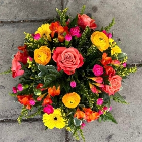 Tutti fruiti, yellow, pink, orange, Funeral, sympathy, wreath, tribute, flowers, florist, gravesend, Northfleet, Kent, London, Essex 