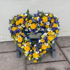 Blue, yellow, open, heart, Funeral, sympathy, wreath, tribute, flowers, florist, gravesend, Northfleet, Kent, London, Essex 