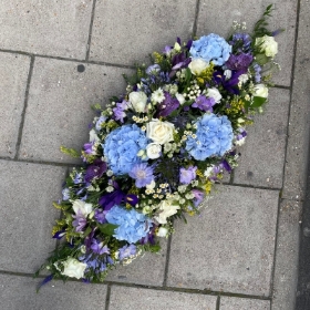 White, blue, purple, hydrangea, rose, coffin, spray, display, Funeral, sympathy, wreath, tribute, flowers, florist, gravesend, Northfleet, Kent, London