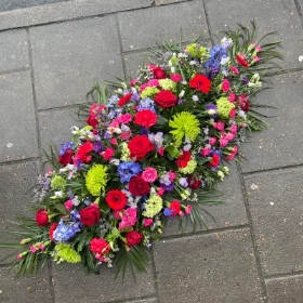 Bright, vibrant, jewel, tones, coffin, spray, display, Funeral, sympathy, wreath, tribute, flowers, florist, gravesend, Northfleet, Kent, London