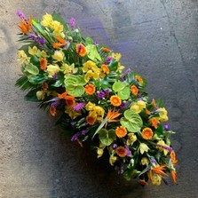 Tropical, luxury, coffin, spray, bright, Funeral, sympathy, wreath, tribute, flowers, florist, gravesend, Northfleet, Kent, London