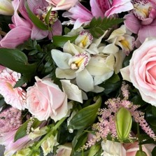 Luxury, pink, lily, rose, orchid, coffin, spray, Funeral, sympathy, wreath, tribute, flowers, florist, gravesend, Northfleet, Kent, London, Essex 