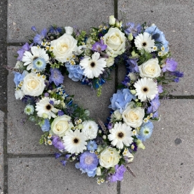 Blue, white, mauve, open, heart, Funeral, sympathy, wreath, tribute, flowers, florist, gravesend, Northfleet, Kent, London, Essex 