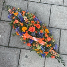 Orange, blue, coffin, Sikh, holy, spray, display, Funeral, sympathy, wreath, tribute, flowers, florist, gravesend, Northfleet, Kent, London