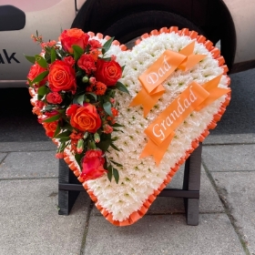 Orange, white, heart, Funeral, sympathy, wreath, tribute, flowers, florist, gravesend, Northfleet, Kent, London, Essex 