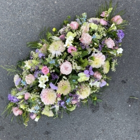 Pastel, soft, pretty, pink, lilac, blue, coffin, spray, display, Funeral, sympathy, wreath, tribute, flowers, florist, gravesend, Northfleet, Kent, London