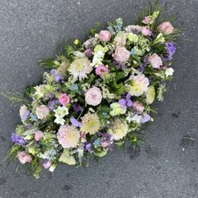 Pastel, soft, pretty, pink, lilac, blue, coffin, spray, display, Funeral, sympathy, wreath, tribute, flowers, florist, gravesend, Northfleet, Kent, London